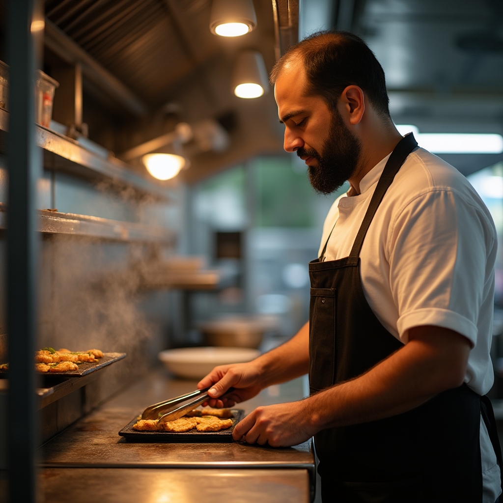 Koch bereitet an einer Foodtruck-Grillstation Speisen nach dokumentiertem Ablauf zu