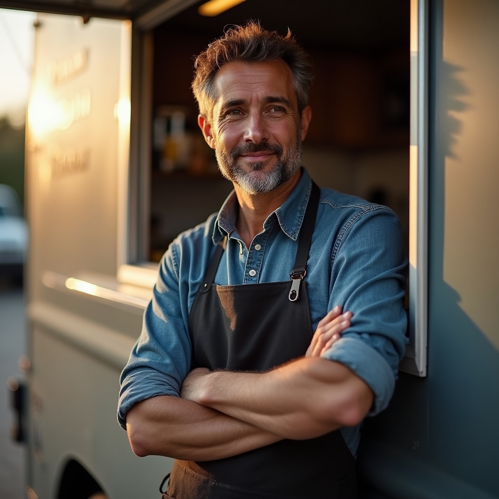 Berater steht neben einem Foodtruck am frühen Morgen vor Schichtbeginn