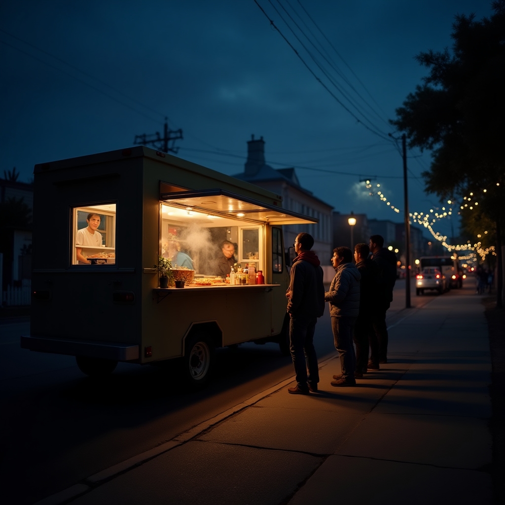 Foodtruck im warmen Abendlicht mit beleuchtetem Bestellfenster und wartenden Gästen