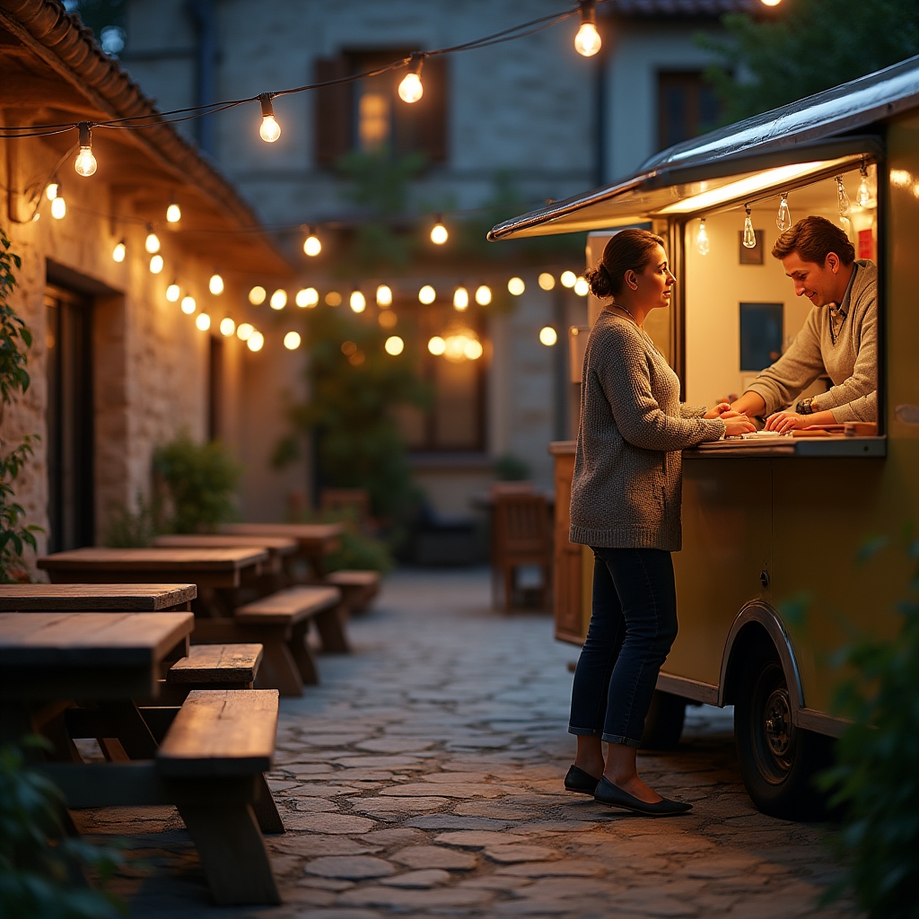 Foodtruck steht auf dem Hof einer Pension neben Sitzgelegenheiten für Gäste