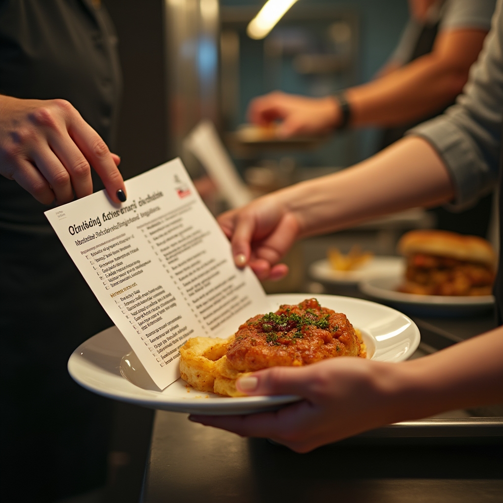 Prüfung eines fertigen Gerichts anhand einer Qualitätscheckliste am Foodtruck-Fenster