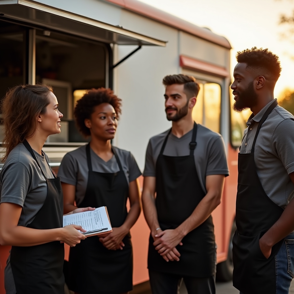 Foodtruck-Team bespricht morgens vor Schichtbeginn die Aufgabenverteilung