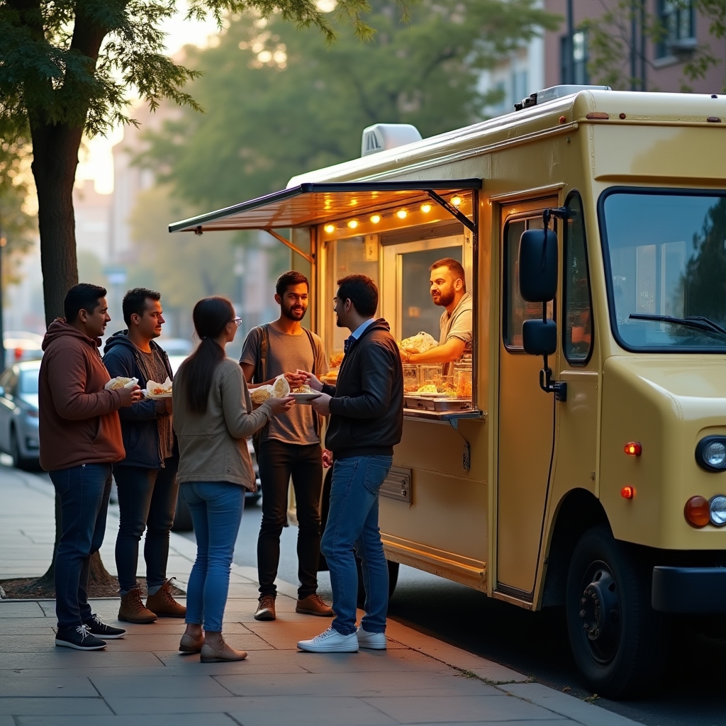 Neu eröffneter zweiter Foodtruck-Standort mit wartenden Gästen am Bestellfenster